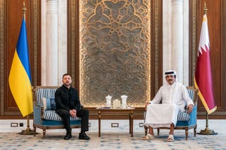 Qatar's Emir Sheikh Tamim bin Hamad Al-Thani meeting with Ukraine's president Volodymyr Zelensky and delegation at Lusail Palace in Doha